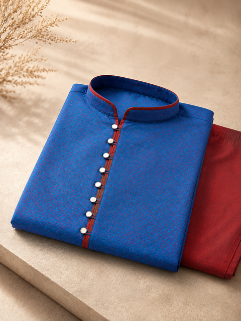 Peacock Blue two shades maroon piping kurta with maroon pajama pants ((slight variation in color and design is possible )