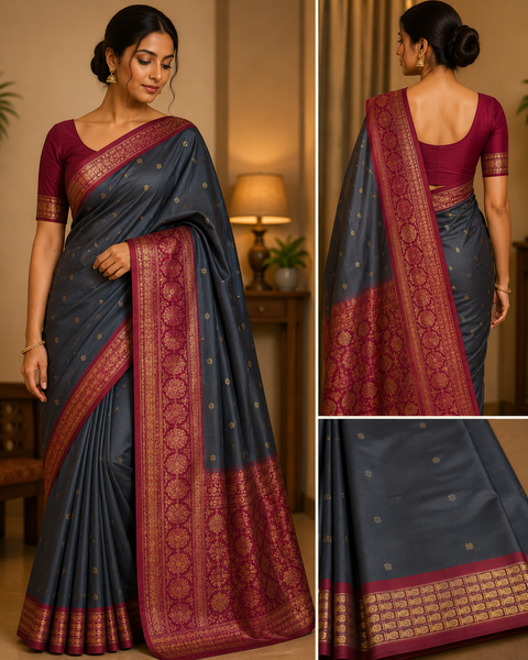 Premium Art Silk Saree Featuring Elegant Zari Weaving, Saree Comes With An Attached Blouse Piece. Model Blouse Is For Reference Only. Slight Variation In Colour And Design May Occur