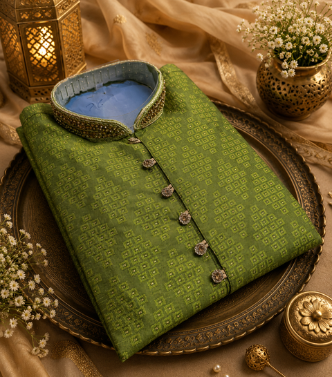 Soft Silk based Heavy brocade work with stone work buttons and neck design , designer Kurta with golden Pajama (slight variation in color and design is possible)