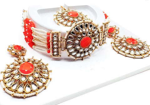 Pearls beaded with Kundan stone beautiful choker necklace with Earrings & Tikka