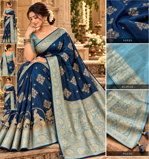 Dola Silk Saree with elegant all-over floral zari weaving and a rich contrasting woven border with detailed pallu. model blouse for reference only.Contrast blouse piece included.Slight variation in colour and design is possible.