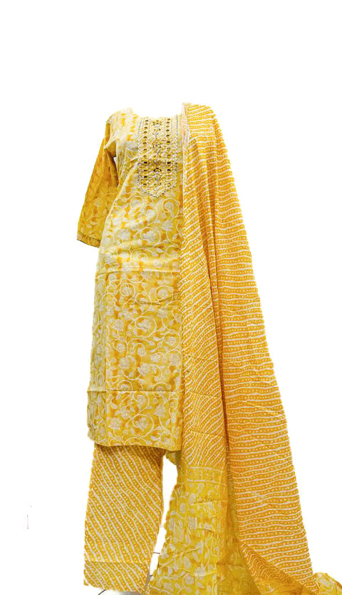PURE & SOFT COTTON BASED DESIGNER EMBROIDERED & PRINTED WORK KURTI WITH PLAZO PANTS & DUPATTA