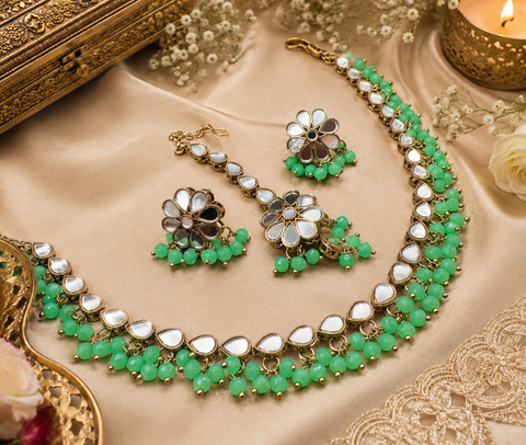 Beautiful pearls with mirrors beaded necklace with jhumka and tikka
