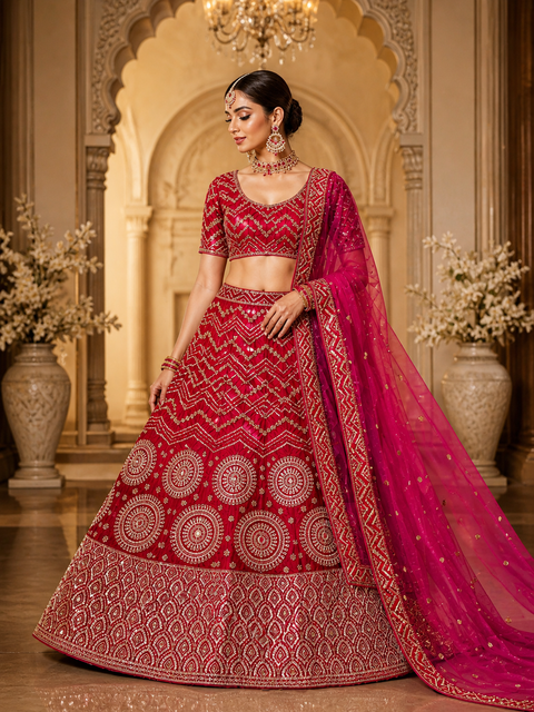 Velvet based embroidery work multiflared beautiful lehnga with embroidery work design in blouse and peachy pink embroidery dupatta (Unstitched Lehnga)(slight variation in color and design is possible )