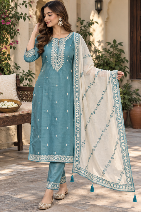 Elegant soft-fabric embroidered kurta with detailed neckline, sleeve and hem work, paired with matching narrow pants. Comes with a beautiful ivory contrast dupatta with floral embroidery and tassels.soight variation in color & design is possible