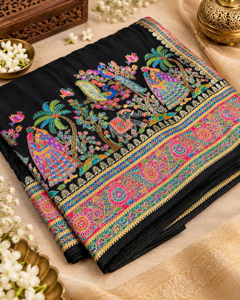 Elegant Black saree featuring rich multicolour traditional peacock, elephant and floral motifs with a beautifully detailed woven-style border and statement pallu. Blouse piece included. Slight variation in colour and design is possible.