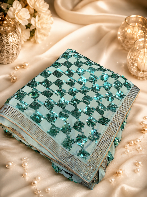 Elegant Sequin Crepe Silk Saree featuring all-over sequin work and a graceful fall, paired with an attached blouse piece. The blouse shown by the model is for reference only; slight variation in color and design may occur.
