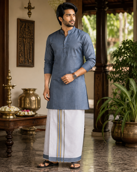 Woven Cotton Kerala Mundu / Dhoti in White ( 4 mtrs )Kurta not included,slight variation is possible