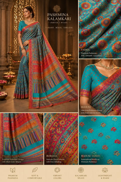Kashmiri Kalamkari Inspired Soft Silk Saree with vibrant multicolour weaving and an elegant contrast pallu for a rich, timeless look.Blouse piece attached. Model image for reference only. Slight variation in colour and design may occur.