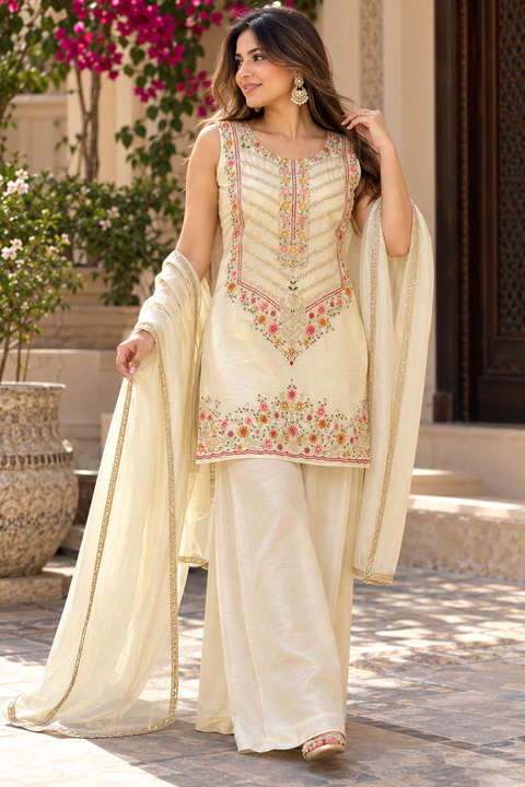 Beautiful georgette fabric outfit with full embroidery work all over the kameez. Paired with a loose circular palazzo and a matching dupatta with just a border. 
Slight variation in colour and design is possible