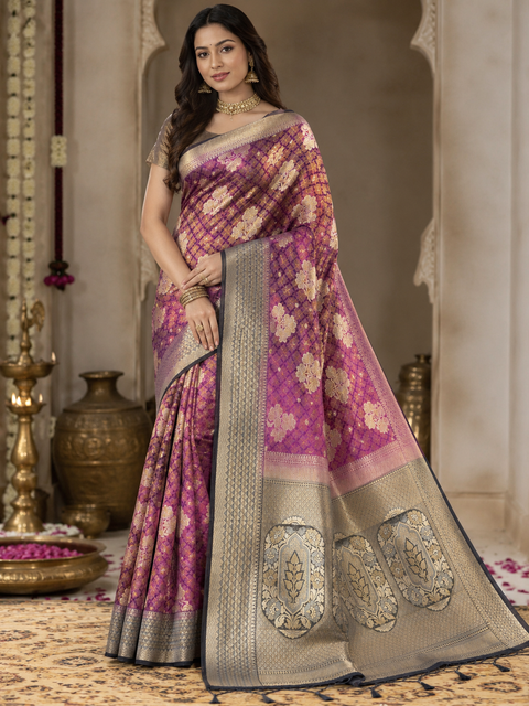 Premium two shaded Silk Saree with rich zari weaving and contrast woven pallu. featuring elegant dual-tone shades.Model-worn blouse is for reference only. Unstitched blouse piece is attached with saree(slight variation in color & design is possible)