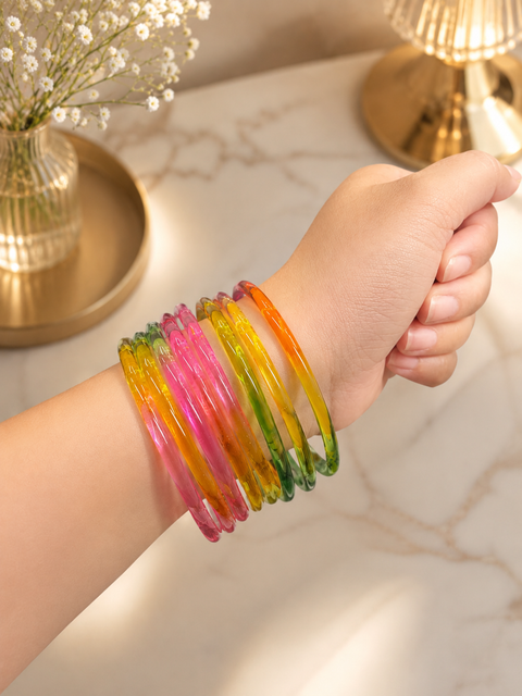 Pastel Multi color Ultra-trendy jelly bangles with glossy vibrant shades — the perfect statement stack to elevate your everyday and festive looks (slight variation in color and design is possible) Eight bangles per set (price per set)