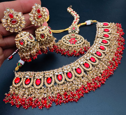 (Video clip attached) Heavy work Semi bridal style Polki stone with pearls beaded work beautiful necklace with jhumka and tikka set