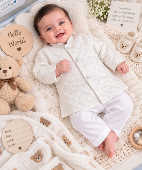 Soft Rayon chikankri sequin based Newborn Kurta Pajama Set with soft inner lining, easy front-open kurta & matching elasticated pajama for comfortable wear.Kurta L 35 cm,Chest 25 cm,Sleeve24 cm,Pajama L 33 cm.Slight variation in colour & design may occur