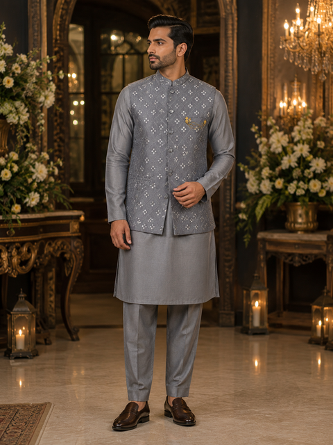 Mirror Work Jacket With Raw Silk Based Kurta & pants (slight variation in color and design is possible )