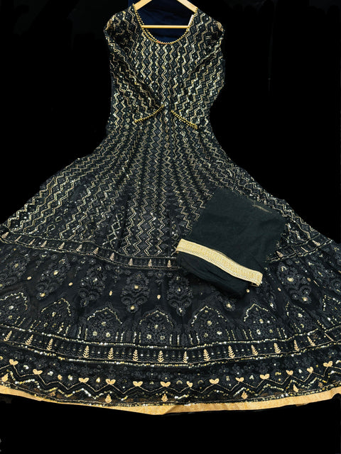 Netting Based Lakhnavi Embroidery Work With Sequins Work All Over Lehnga And Crop Top Designer Blouse And Georgette Sequined Dupatta