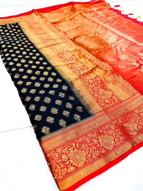 Art Silk Saree With Beautiful Stone Work With Contrast Pallu And Blouse