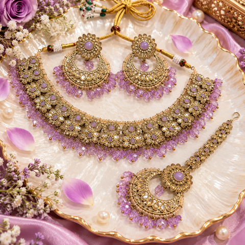 Beautiful polki stones with pearls and colorful stones necklace & earrings with Tikka. Slight variations in colour and design are possible