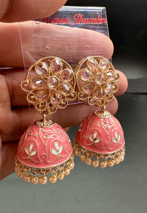 Polki Stone With Pearls Work Beautiful Meenakari Jhumka