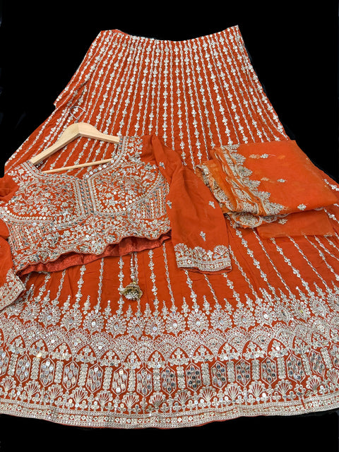 Georgette base embroidery work with sequins and stones work all over lehnga and crop top designer blouse and Georgette embroidery dupatta