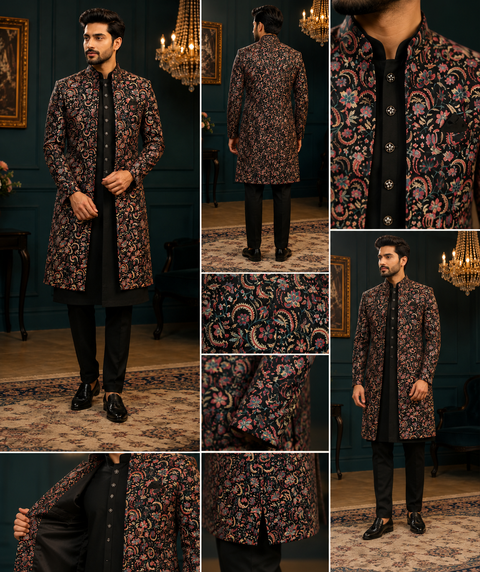 Elegant Floral Indo-Western Long Jacket Set featuring intricate woven floral detailing with a sleek black kurta and pants—perfect for weddings, receptions, sangeet, and festive celebrations. Slight variation in color and design may occur