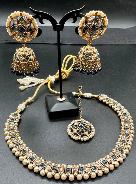 Kundan And Pearls Work Beautiful Necklace Set With Jhumka & Tikka