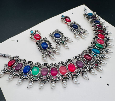 Multicoloured stones design Beautiful work oxidised Necklace with earrings