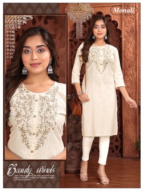 Cream color Pure Rayon based embroidered neck kurti