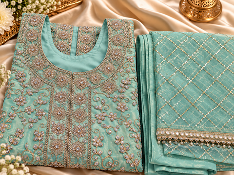 Seafoam Green color kids’ festive suit set crafted in premium Fendi silk fabric, featuring intricate embroidery, shimmering sequin and stone work, paired with a stylish loose palazzo and matching dupatta. Slight variation in colour and design may occur