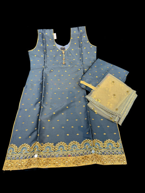 Grey colour silk based dot print kids punjabi suit