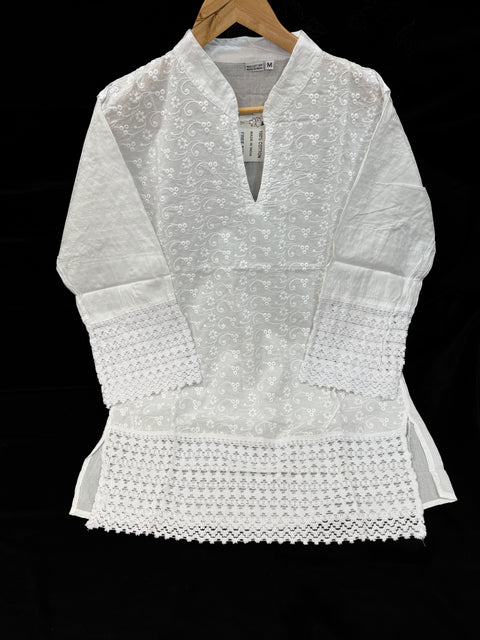 Embroidered Lucknow Chikankari White pure Cotton Short Kurti Top Tunic for Women