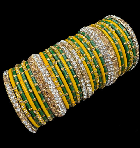 Yellow & Green Glass bangles with golden brass bangles set (displayed picture is for both hands set) price is for whole set displayed in picture)