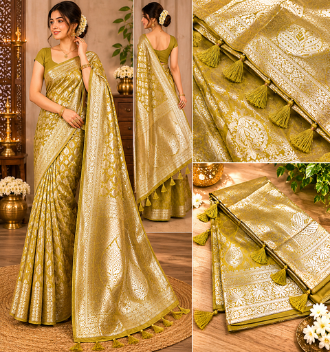 Elegant Olive Green Banarasi Silk Saree featuring rich zari weaving, intricate traditional motifs and graceful tassel detailing on pallu,Comes with an unstitched running blouse piece attached to the saree (slight variation in color and design is possible