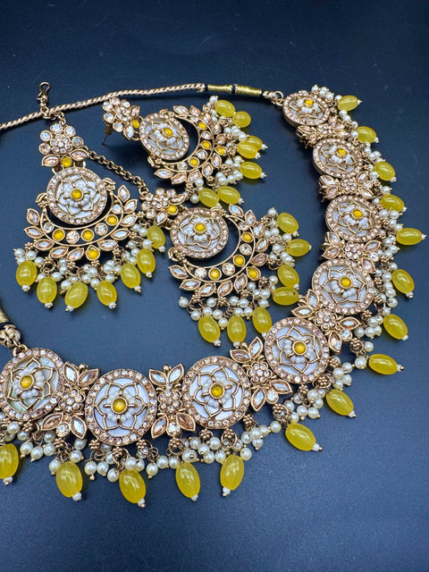 Polki stone with pearls beaded work beautiful necklace with jhumka and tikka set