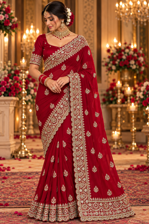 Georgette Saree featuring intricate embroidery, elegant stonework and a rich scalloped border with all-over motif detailing. Attached blouse piece included; model blouse is for reference only. Slight variation in colour and design is possible.