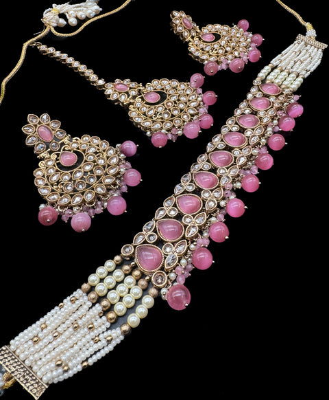 Original Polki big stone with pearls beaded heavy work classy choker necklace with earrings and tikka set