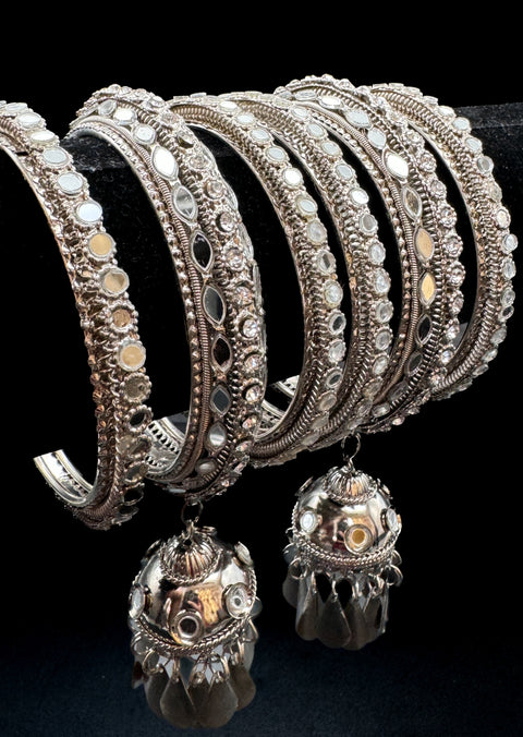 Mirror work Silver metal oxidised bangles with latkan set (price per pack)