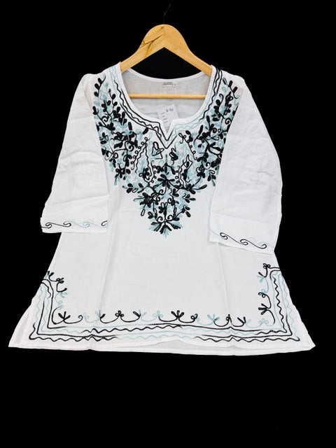 Embroidered Lucknow Chikankari White pure Cotton Short Kurti Top Tunic for Women