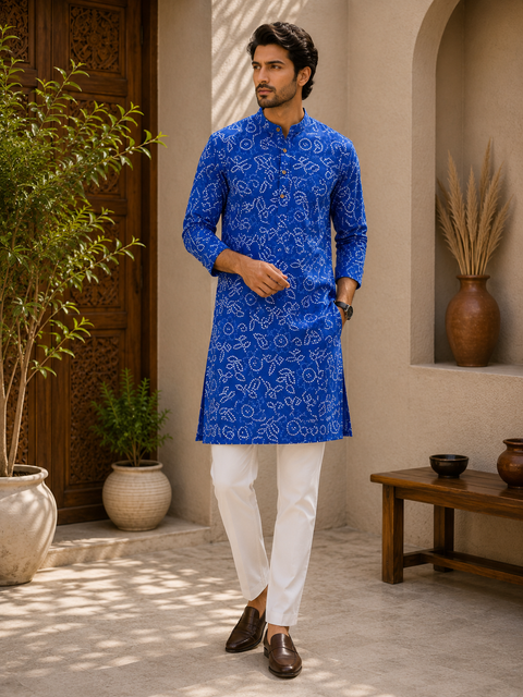 Pure cotton based Men’s Printed kurti (sizes mentioned in inches ,not according to the label on Kurti)size 44 kurti- Length 40 inches and size 46-length 42 inches ) Kurti only. Pants not included.