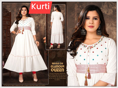 Pure Rayon based embroidered neck flared kurti