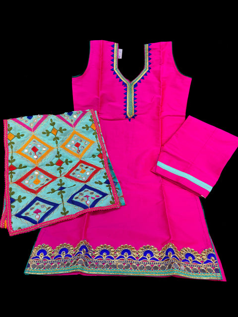 Hot pink colour silk based kids punjabi suit with contrast phulkari dupatta