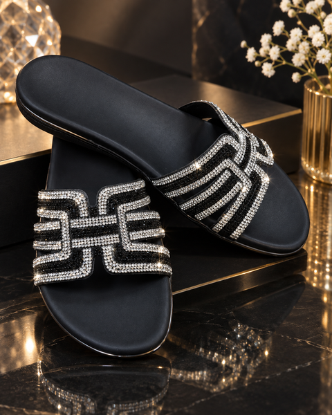 Beautiful soft flats with sparkling stone work and a comfortable cushioned feel. Plus-size & wide-fit friendly, perfect for wider feet and comfortable all-day wear.