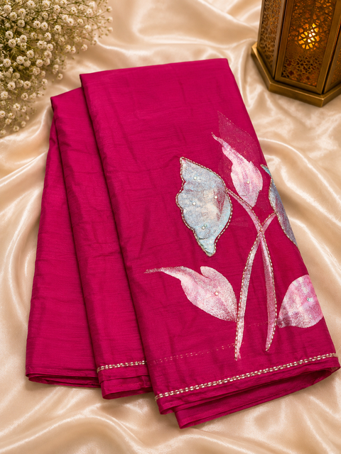 Soft Chiffon Saree with all-over shimmery floral print and delicate handwork detailing. Lightweight, soft and beautifully draping. Blouse piece attached; model blouse is for reference only. Slight variation in colour and design is possible.