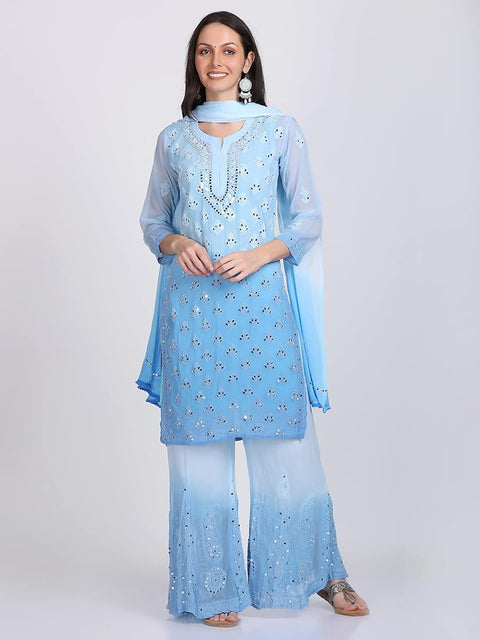 Two toned blue color Georgette based chikankari work with Mirror work Kurti with pure georgette based Chikankari & mirror work Plazo and pure chiffon based mirror work beautiful soft & full size dupatta