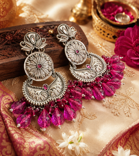 Beautiful oxidised earrings with colourful pearls ( slight variations in color and design is possible)