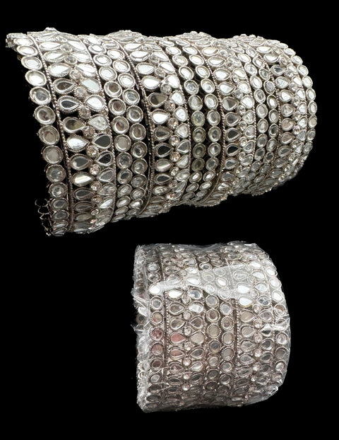 Mirror work design Silver metal  bangles set (4 bangles 2 Kade per set, price per set)