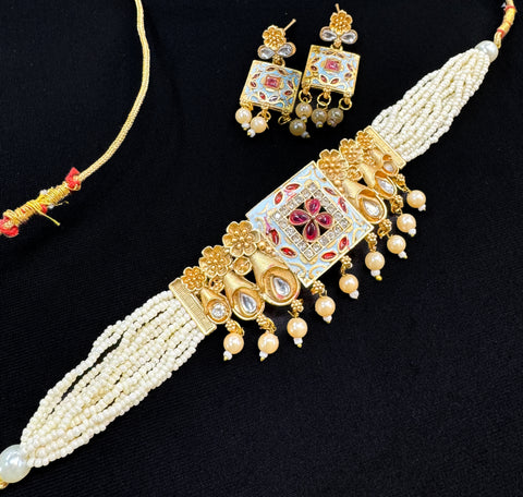 Mat look antique gold traditional choker set with meenakari work