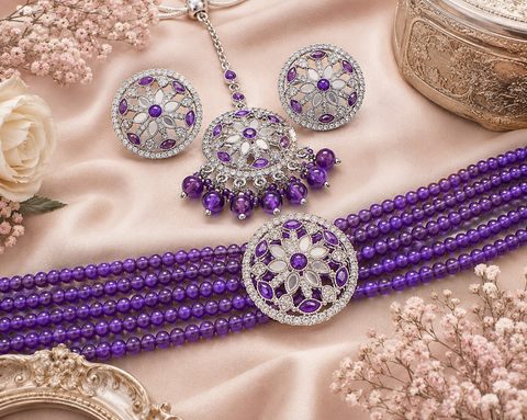Mirrors with Jerkan fine stone with pearls beaded choker set with beautiful studs & tikka