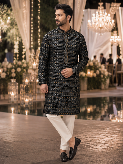 Black colour Lightweight georgette fabric with a sheer finish with embroidery work & pajama pants (slight variation in color and design is possible )