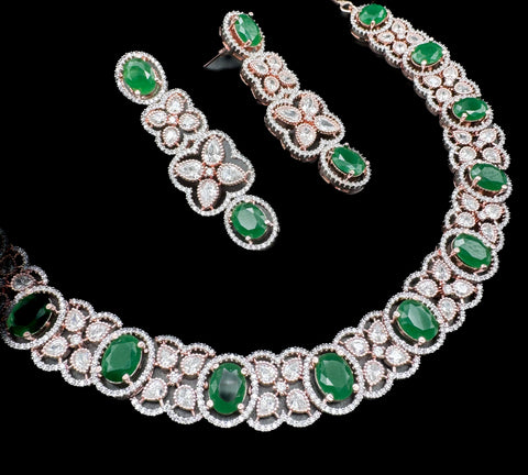 Emerald Green Rosegold color American Diamond beautiful necklace set with crystal American diamonds
